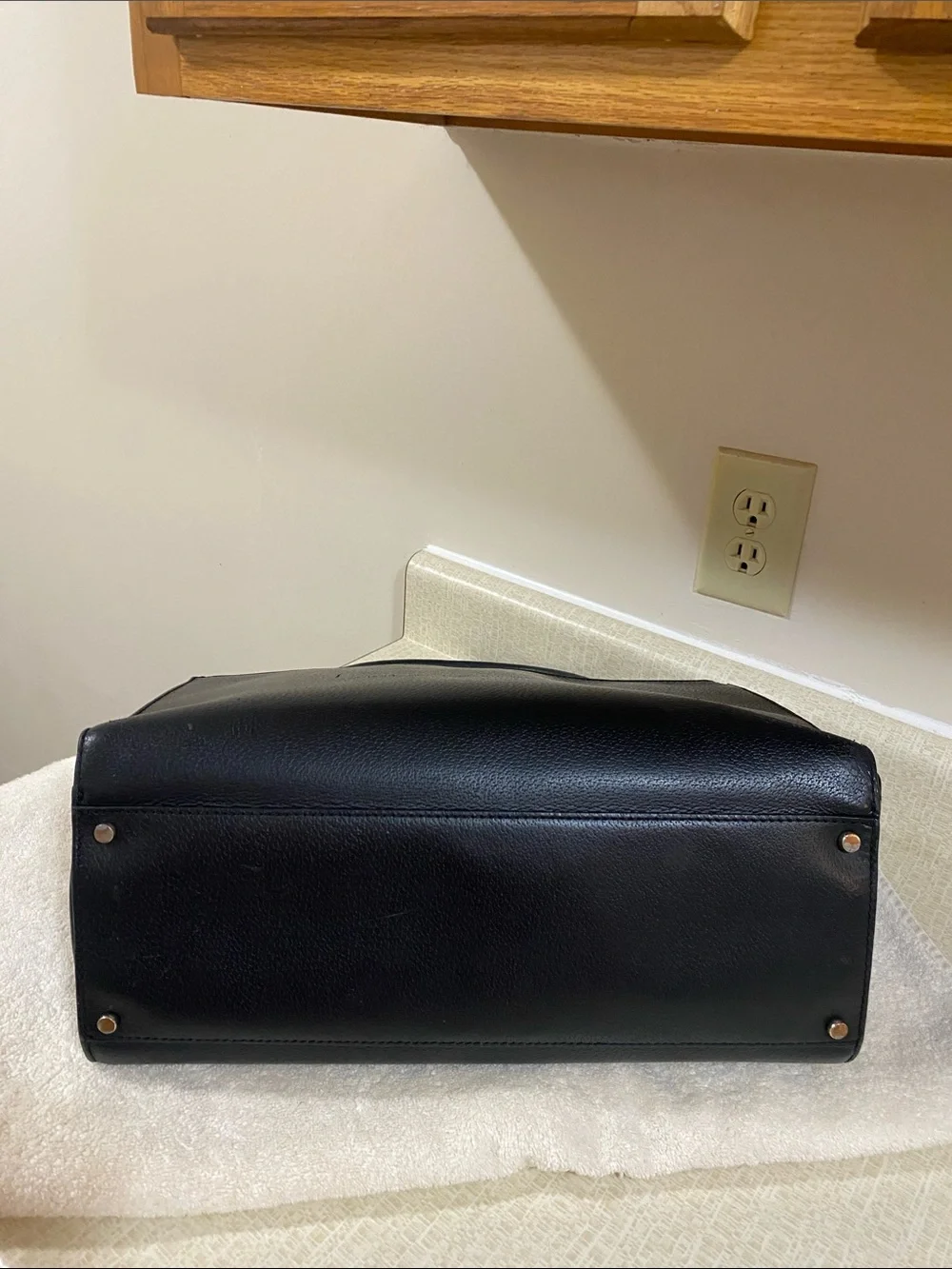 kate spade Black Leather Structured Tote with Gold Plaque